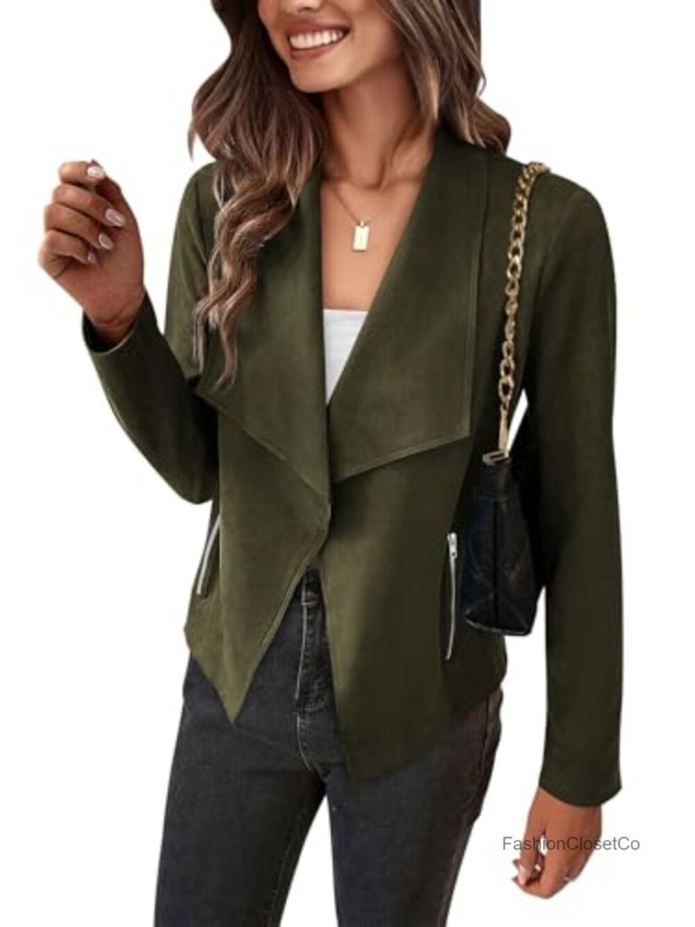 Faux Suede Jacket Women Cropped Waterfall Collar Casual Coat